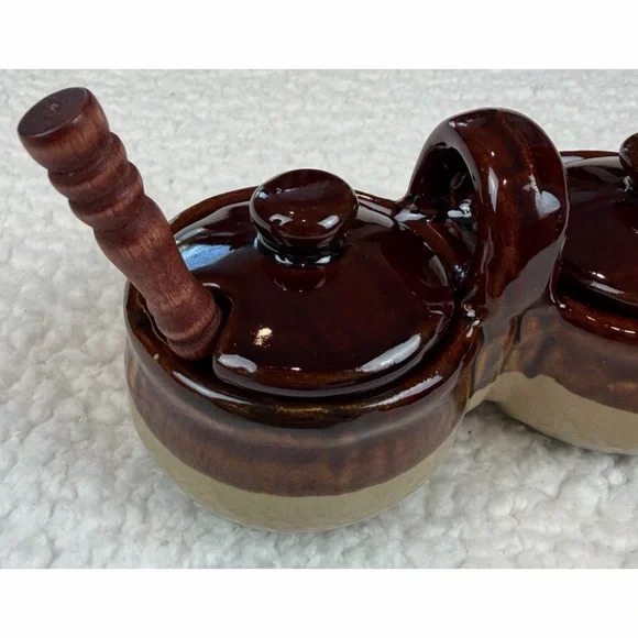 (VTG) Brown/Tan Ceramic Double Condiment Caddy Dish with Spoon - Picture 12 of 14